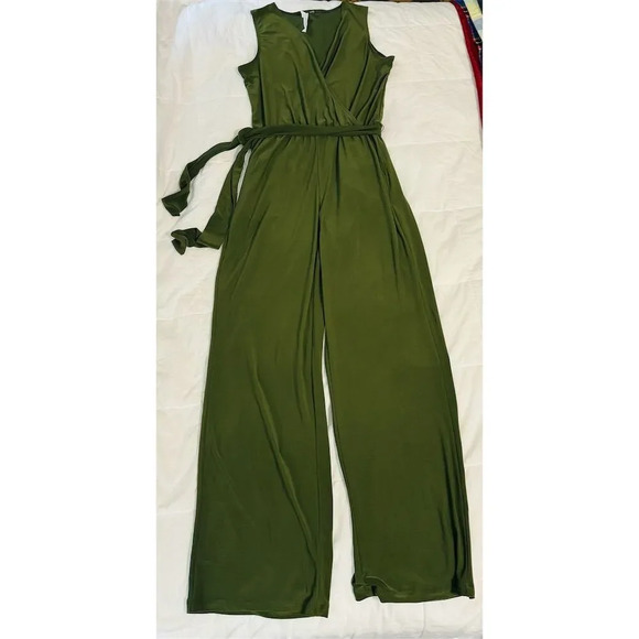 Collection Pants - NY Collection Women's Olive Green Sleeveless Wrap Jumpsuit with Belt Size P/S